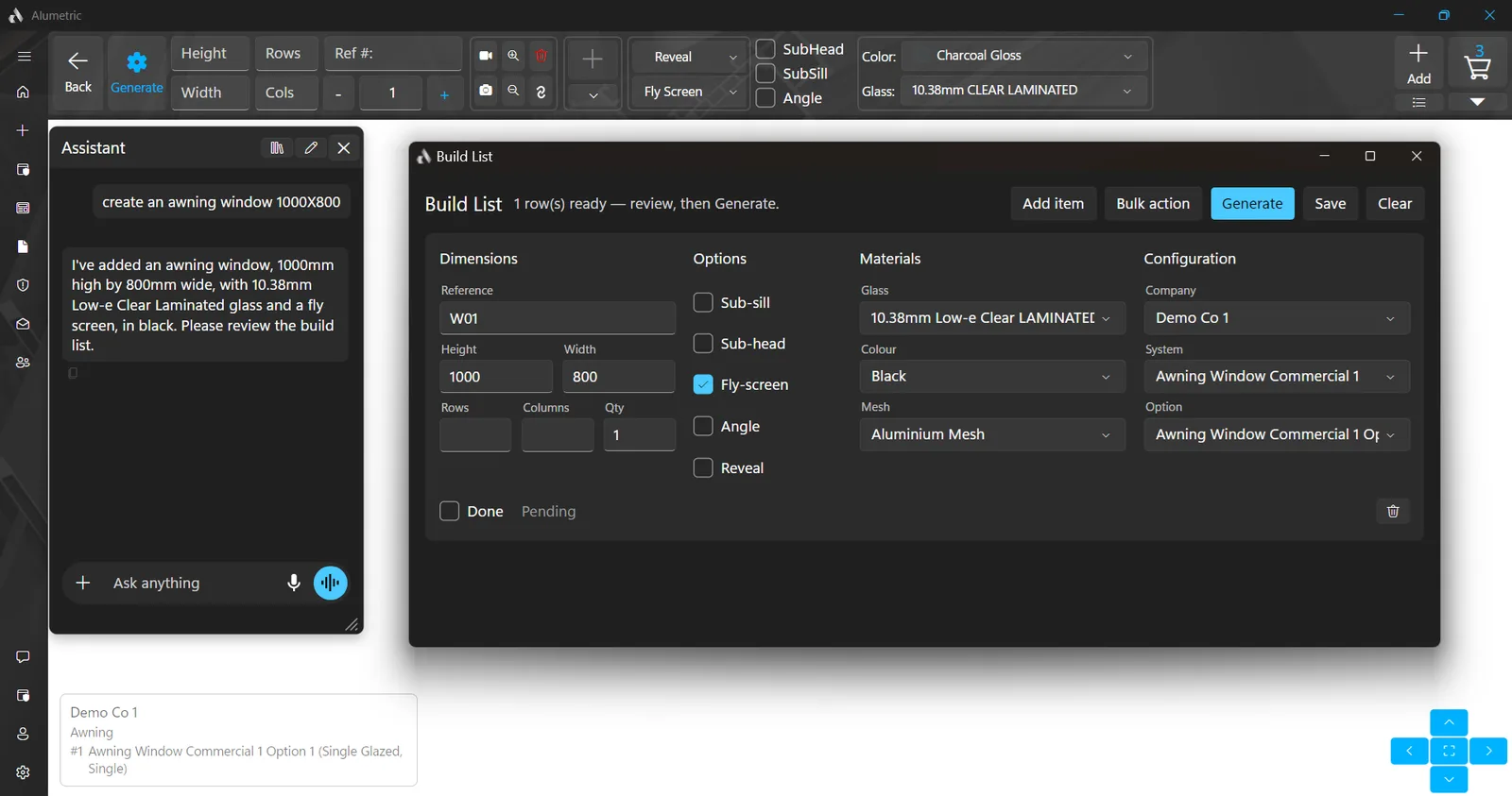The assistant chat pane beside the Build List after creating an awning window by text