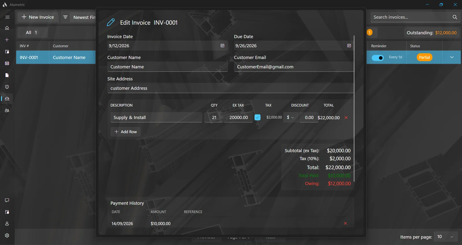 The invoice editor with a partial payment recorded and the amount owing