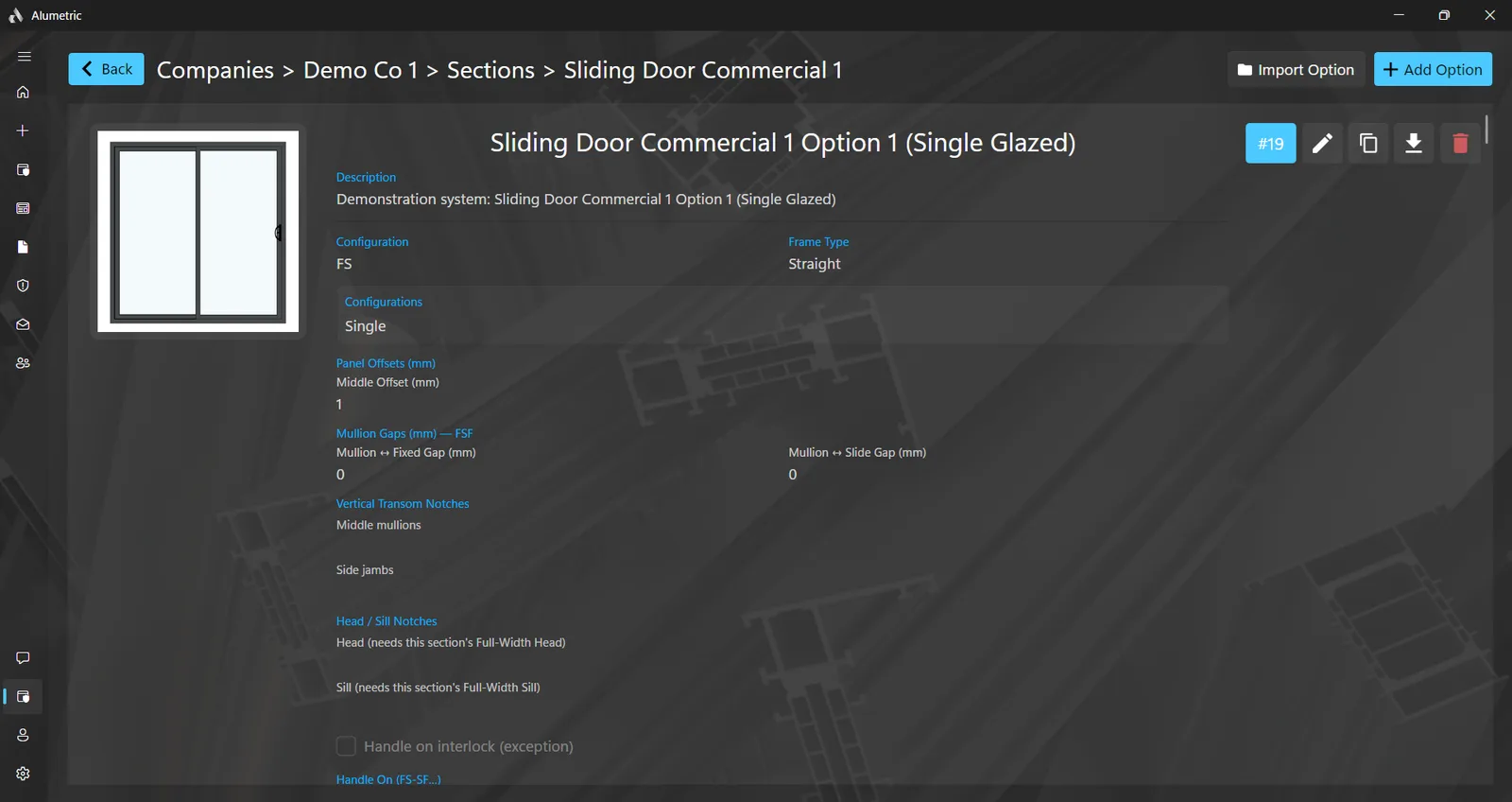 The catalogue editor open on a sliding door option under Companies, Sections and Options