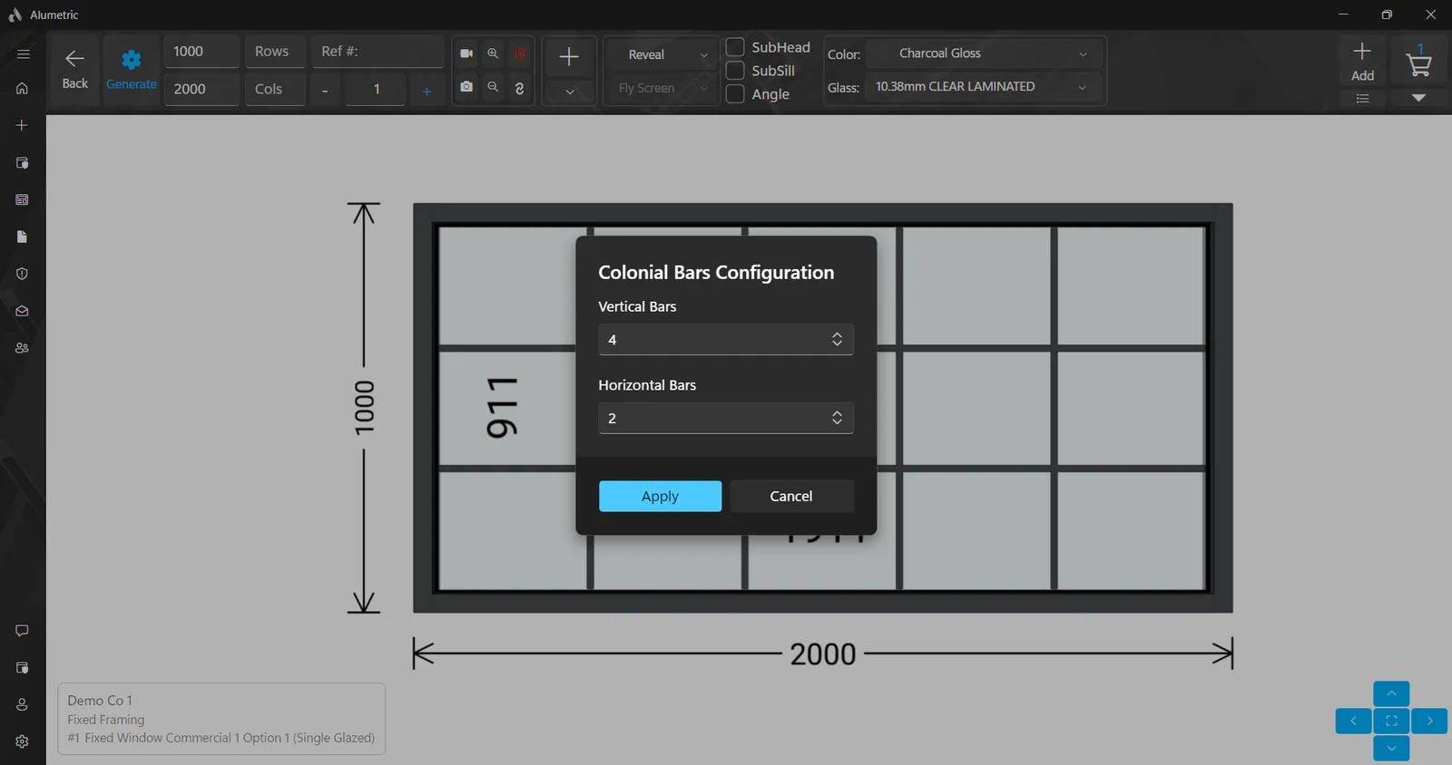 Colonial bars configuration dialog over a fixed window
