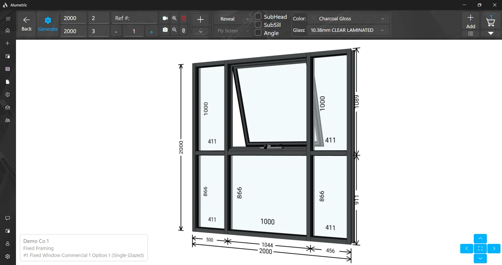 Live 3D model of an awning window inside a fixed-framing grid, with dimensions
