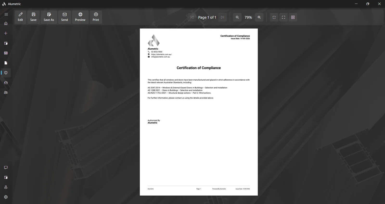 A glazing certificate template referencing AS 2047, AS 1288 and AS/NZS 1170.2