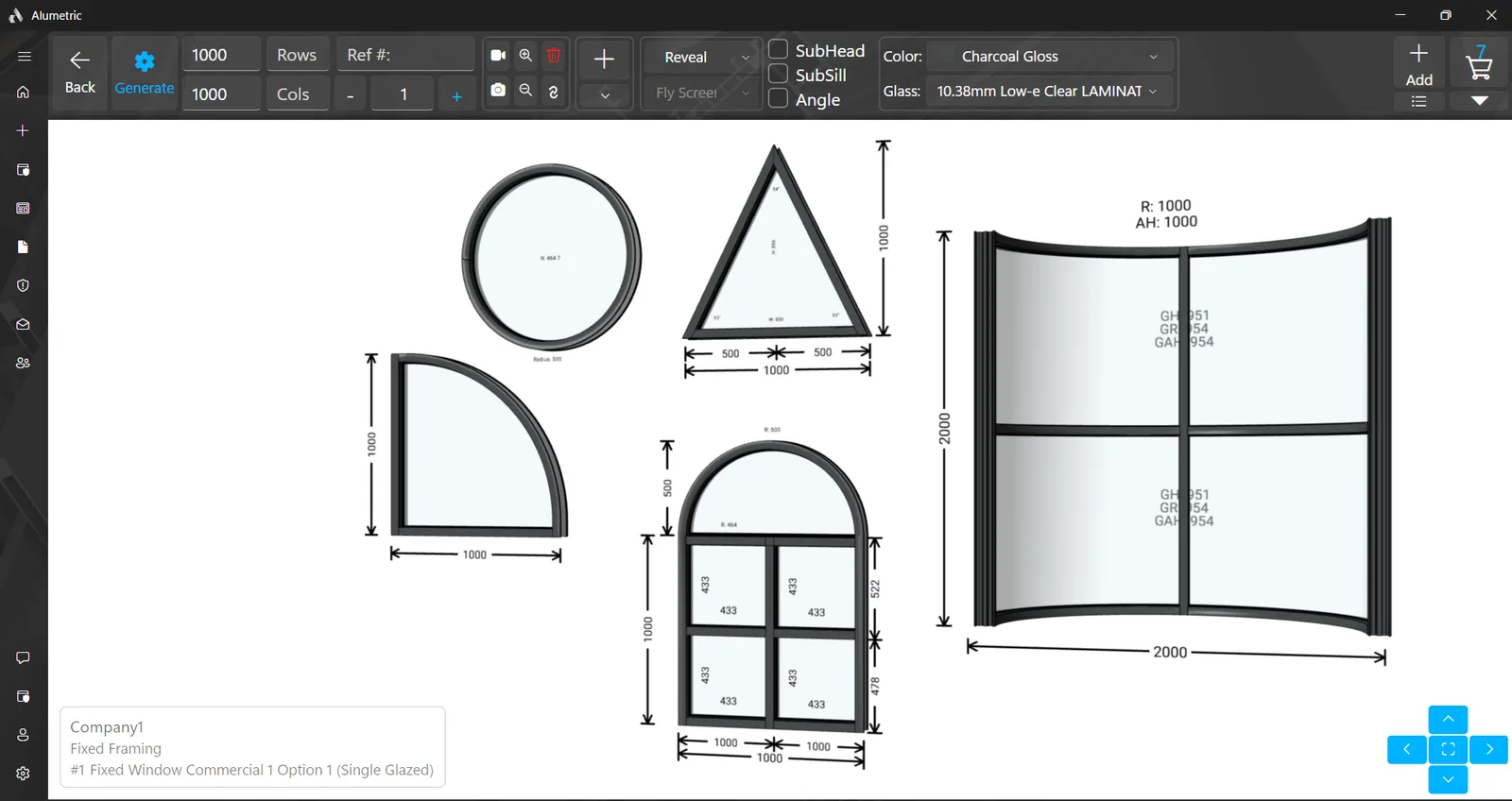 Circle, triangle, quarter-round, arch-top and curved windows modelled in 3D with their glass