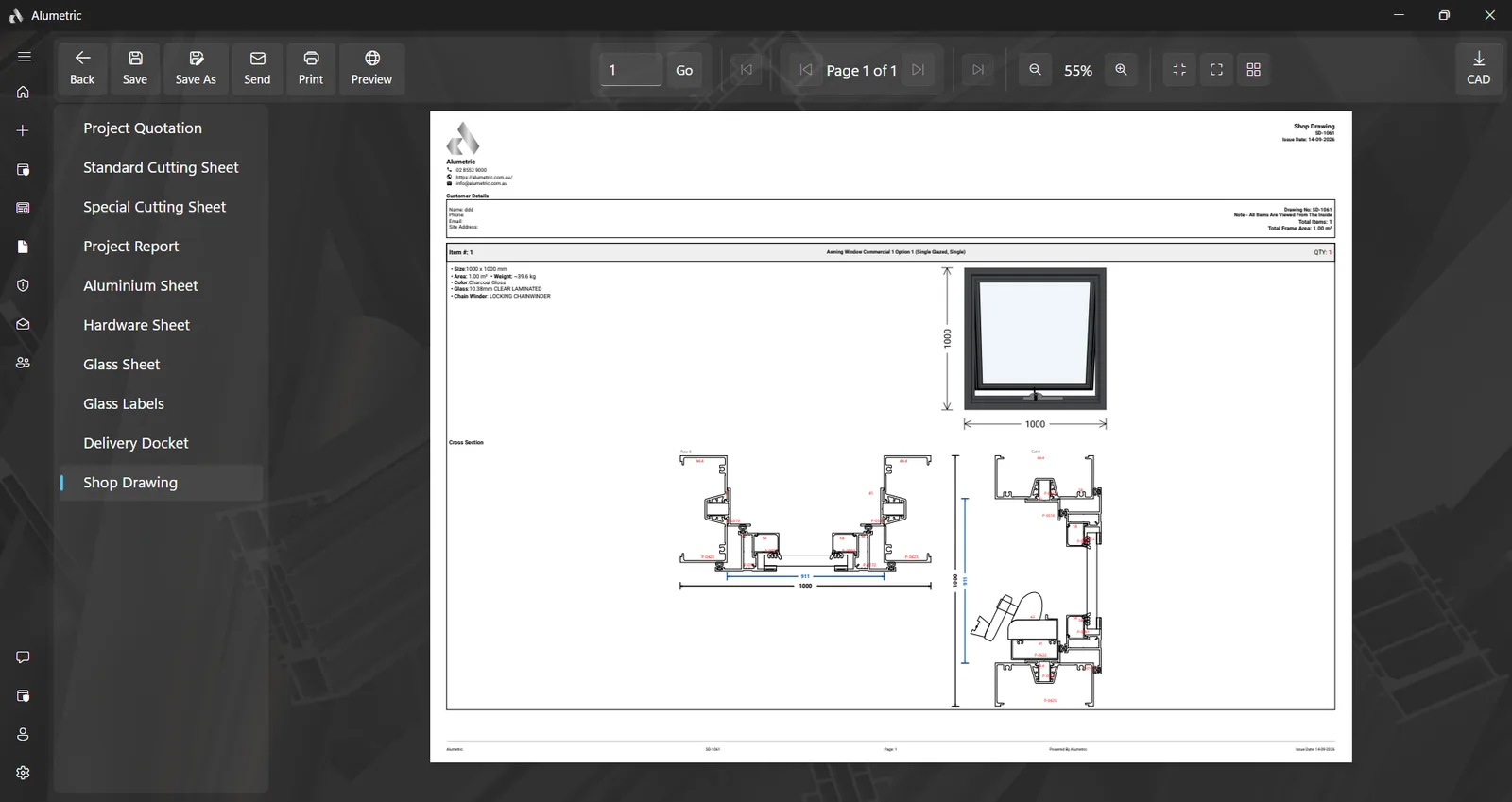 A shop drawing with dimensioned cross-sections and the CAD export button